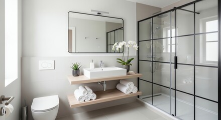 Modern minimalist bathroom with glass grid shower and floating vanity.