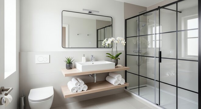 Modern minimalist bathroom with glass grid shower and floating vanity. - Powered by Adobe