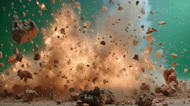Explosion with intense fire green screen background ground debris
