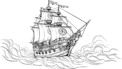 Vintage sailing ship, ocean waves, maritime adventure, nautical vessel, historic boat, sea travel, exploration, wind, sails, voyage, antique, marine, sketch, illustration, blue ink, detailed drawing
