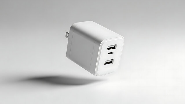 A white rectangular USB wall charger with two ports floating against a light gray background.