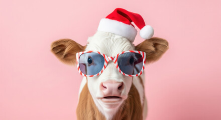 Cow animal sunglasses Santa hat pink background festive funny Christmas holiday cute joyful cow wearing sunglasses and Santa hat on pink background creating festive and humorous holiday mood
