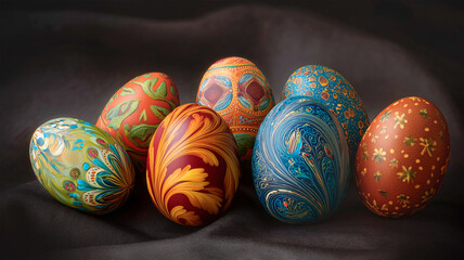 Bright and colorful Easter eggs painted in vibrant hues, beautifully arranged on a rustic wooden board for a festive and cheerful presentation.