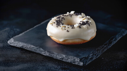 Donut covered with white chocolate frosting and chocolate sprinkles on top. Generative AI.