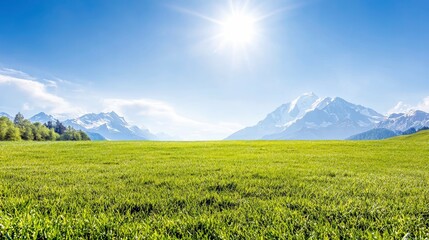 A wide, lush green meadow stretches towards majestic snow-capped mountains under a brilliant sun and clear blue sky. Trees are visible on the left.