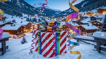 Giant Gift Box in Snowy Mountain Village with Festive Ribbons and Lights. - Powered by Adobe