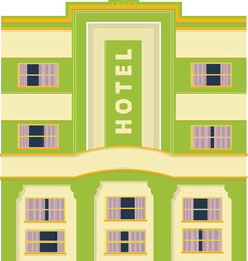 Naklejka premium Art Deco style hotel building illustration in green and cream, a classic vintage architectural facade featuring a prominent 'HOTEL' sign and multiple windows, ideal for travel and hospitality themes..