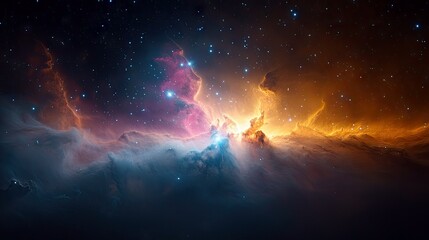 A breathtaking view of a colorful nebula with glowing gas clouds and countless stars in the vast expanse of deep space, illuminated by cosmic light.