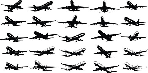 Airplane silhouette collection, aviation icon set, aircraft angles, flight positions, jet views, airplane graphics, aviation design, black plane shapes