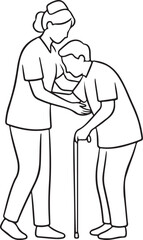 Nurse or caregiver assisting an elderly patient with a walking stick, symbolizing healthcare support, compassionate personal care, and rehabilitation for seniors.