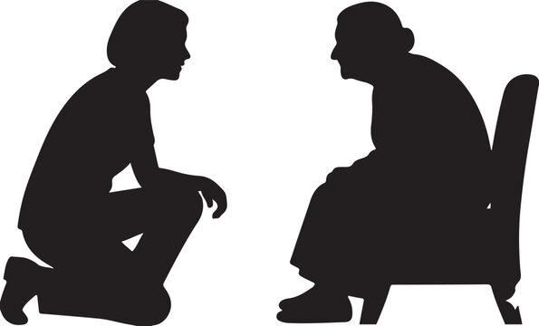 Silhouette of a caregiver kneeling and talking to an elderly woman sitting in a chair, representing support, communication, and intergenerational care