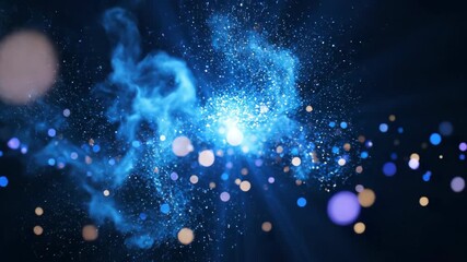 Abstract blue particle explosion with glowing bokeh effect for digital art and motion graphics