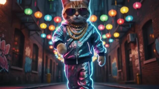 Cool Cat Strutting Down Neon Street A Hip Hop Feline Adventure.