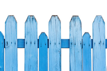 Fototapeta premium A close-up view of a blue wooden fence with a pointed top design. weathered textures. set against a clean white background. ideal for home improvement or garden design themes