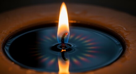 Single candle flame reflecting in melted wax macro.