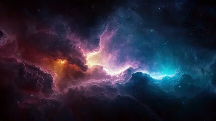 Fototapeta premium A vast expanse of colorful nebula clouds, glowing with vibrant oranges, pinks, and blues, dotted with distant stars in the darkness of deep space.