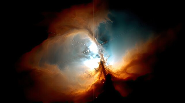 A colorful nebula with swirling gas clouds in shades of orange, blue, and white, illuminated by a brilliant starburst at its center. The background is deep blac - Powered by Adobe