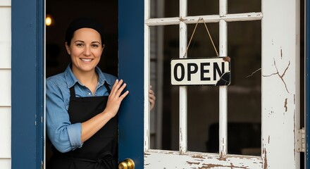 Small business owner welcoming customers at open storefront door.