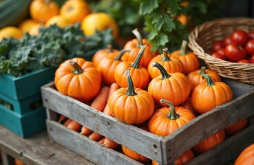 Small orange pumpkins, fresh carrots, and green kale fill rustic wooden crates. Ripe red tomatoes sit in a basket. This is a bountiful autumn harvest at a farm market stand with healthy eco food.