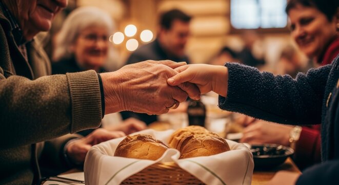 Generational hands clasped together during a warm family meal, symbolizing connection and