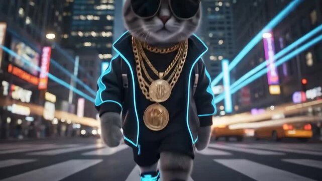 Cool Cat Strutting Through Times Square A Stylish Feline Adventure.