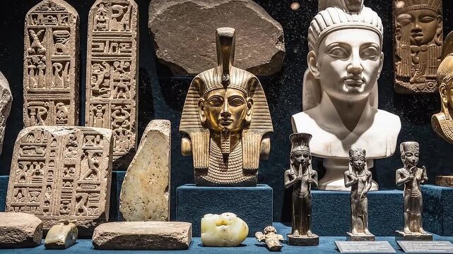 Ancient Egyptian Artifacts Display Featuring Hieroglyphic Tablets Pharaoh Busts and Marble Sculptures Illuminated by Dramatic Museum Lighting