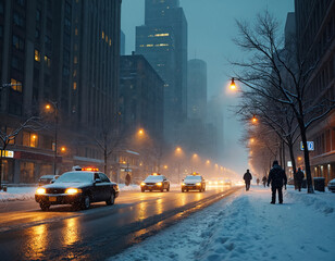 City street at night covered in snow. Vehicles navigate slick roads illuminated by streetlights. Pedestrians walk under warm glow, creating winter urban scene. Dramatic lighting emphasizes cold