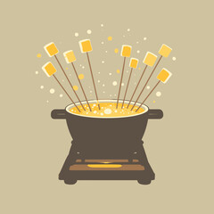 A fondue pot with sticks dipping marshmallows in cheese