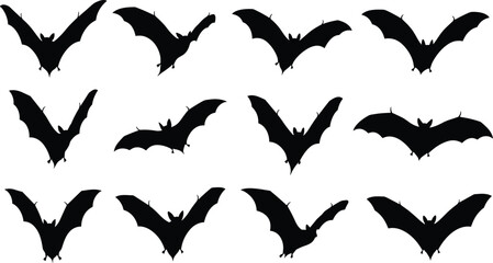 Black bat silhouettes, flying bats, Halloween icons, spooky creatures, nocturnal animals, graphic design elements, bat wings, horror theme, vector art