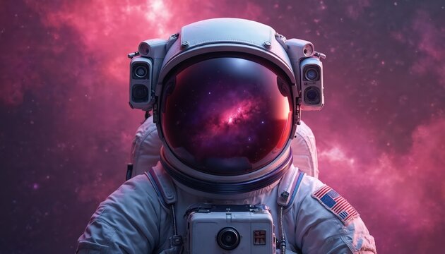 Astronaut in space helmet reflects cosmic nebula against pink purple background. Science fiction artwork presents future exploration concept. Spaceman suit reflects stars, cosmos. Space travel,