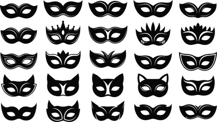 Black masquerade mask collection, elegant costume accessory, mysterious party design, gothic fashion element, fantasy disguise, dramatic silhouette, artistic inspiration