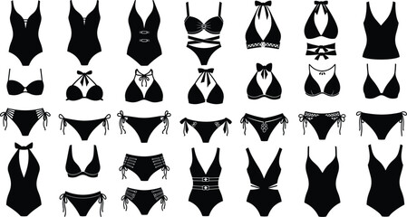 Black swimsuit silhouettes, fashion design reference, bikini styles, one-piece swimwear, vector icons, summer beachwear, garment template, apparel illustration, editable shapes