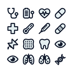 Medical icons stethoscope heart thermometer pill cross lungs eye tooth D N A health healthcare