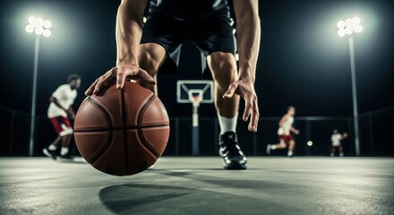 Basketball player dribbling the ball on an outdoor court with other players and bright stadium lights in the background.