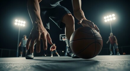 A basketball player dribbles the ball on a court, preparing to play.