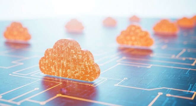 Digital cloud computing infrastructure and data network on a circuit board surface.