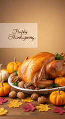 Roast turkey, pumpkin, walnut, autumn leaf, and festive table create warm Thanksgiving celebration atmosphere, perfect for family gatherings and holiday feasts