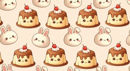 Obraz premium Adorable kawaii style dessert characters featuring pudding and bunny motifs perfect for cute