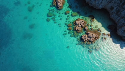 Aerial photo of turquoise sea with rocks. Clean clear water at the shore near cliffs. Sandy coast seascape with underwater stones. Summer sunny day at the beach.