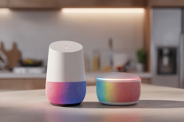 Two smart speakers with colorful designs on modern kitchen counter