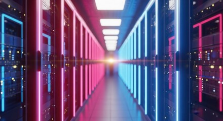 Futuristic data center corridor with glowing blue and pink neon lights technology