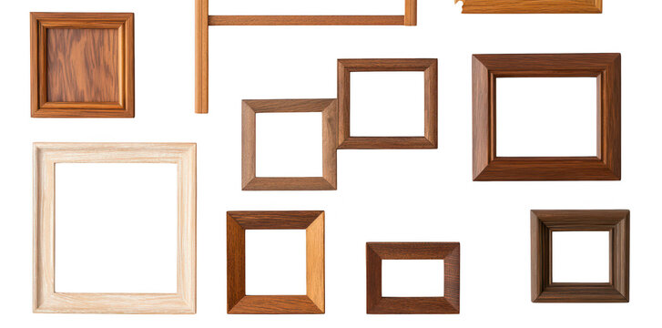 A collection of various wooden picture frames arranged artistically on a white wall. different shapes and finishes. ideal for home decor inspiration and framing ideas