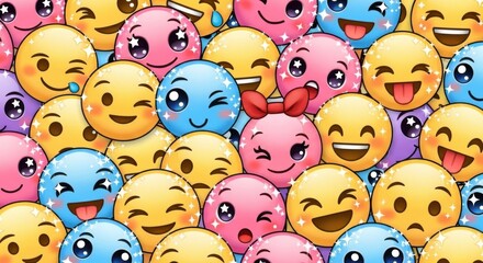 Colorful collection of various expressive emoji faces showcasing happiness sadness and playfulness