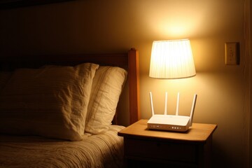 White Wi-Fi router on wooden nightstand with warm lamp light at night