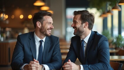 Two businessmen in suits laugh heartily while talking at a cafe table. They appear relaxed and engaged in friendly conversation, possibly discussing a successful deal or sharing a joke.