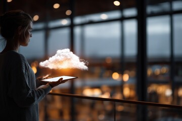 Young woman holding digital tablet interacting with glowing cloud computing network in modern interior