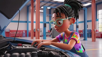 Young animated girl with glasses curiously inspecting a complex car engine in a professional auto repair garage, symbolizing hands-on learning and a passion for mechanics and automotive technology