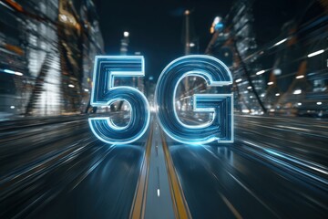 Blue glowing 5G network text on futuristic road in modern city at night