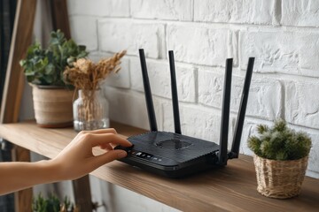 Close up of hand pressing button on black wireless Wi-Fi router at home