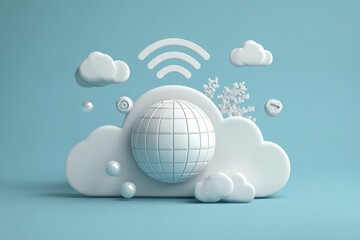 Cloud computing global network concept with white grid globe and wireless symbol on light blue background